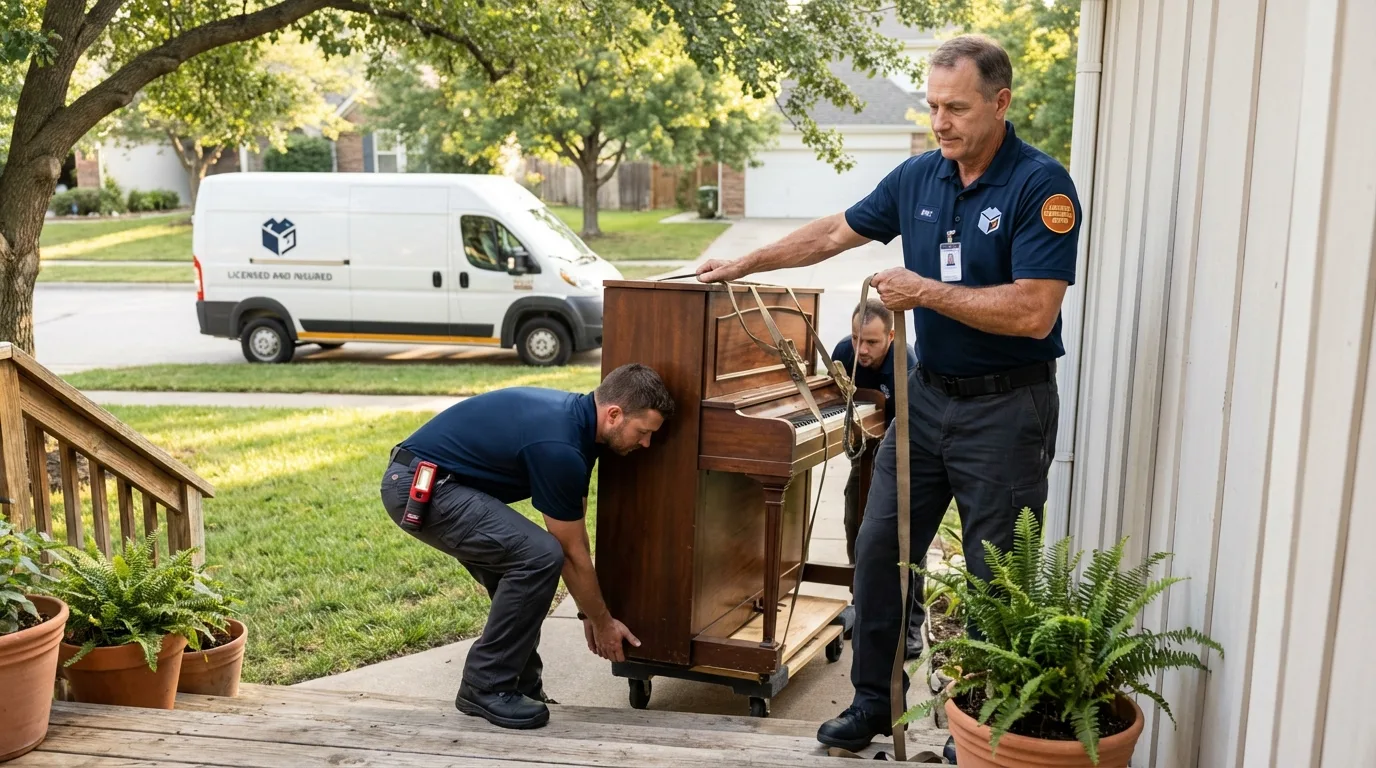 Licensed piano movers securing grand piano in Sheffield, IA