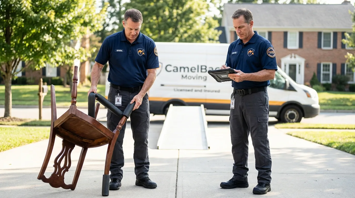 Movers inspecting furniture for damage prevention before loading in Sheffield, IA